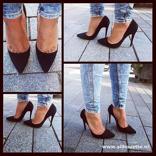 Zwarte Suede Pumps Met Naaldhak En Teen Decollete Silhouette Hoge Hakken