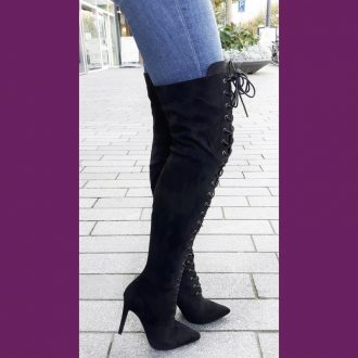 Only maker Overknee-laarzen voor dames met plateaublokhak, zwartpolyurethaan., 46 EU