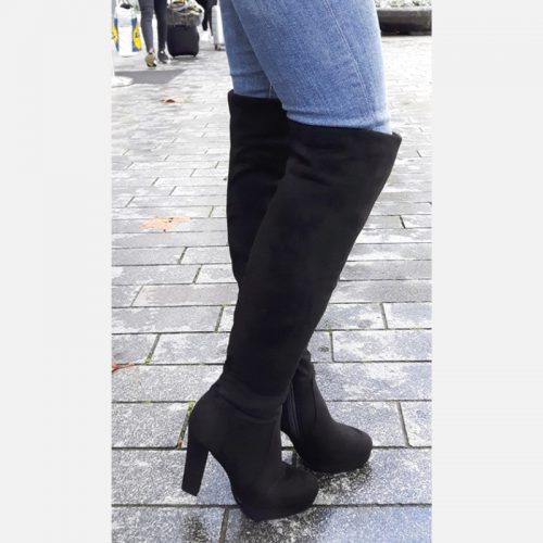 Zwarte overknee laarzen met blokhak | Stretch overknees dikke kuiten | Overkneelaarzen stretch voor dunne kuiten