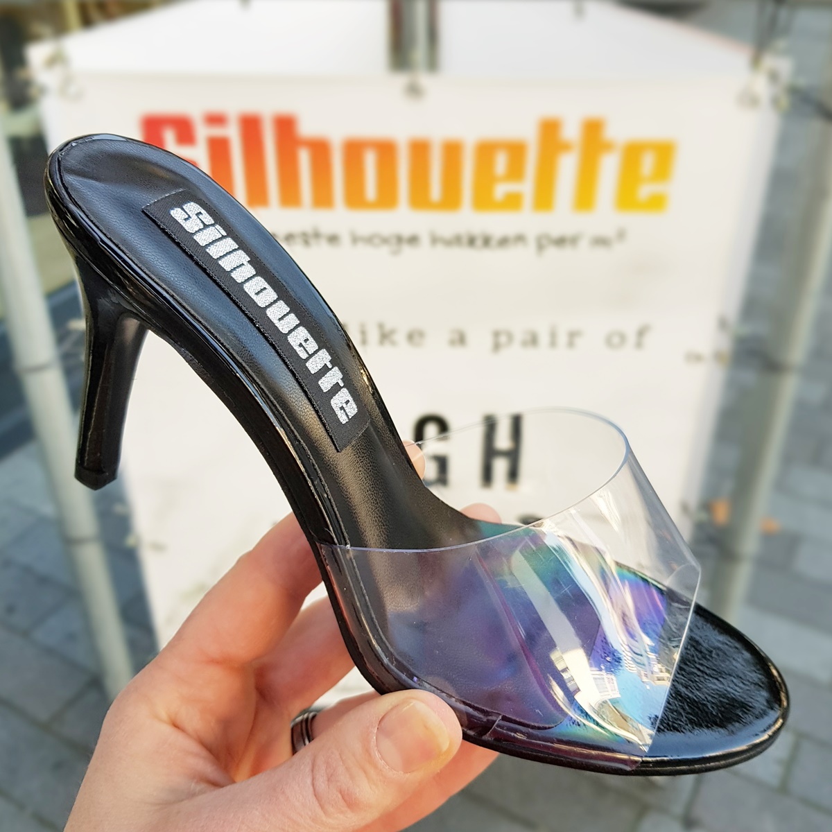 Doorzichtige slippers met zwarte hak | Muiltje met naaldhak