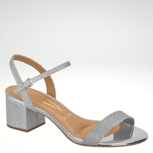 Feestelijke zilveren sandalen met lage blokhak | Zilveren glitter blokhakken