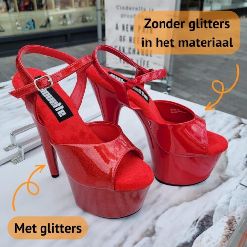 Rode Pleasers met glitters in het materiaal | Rode hoge hakken met glitters