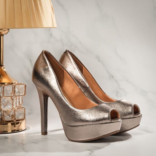 Pewter kleurige pumps met hoge hak en peeptoe | Pewter hoge hakken