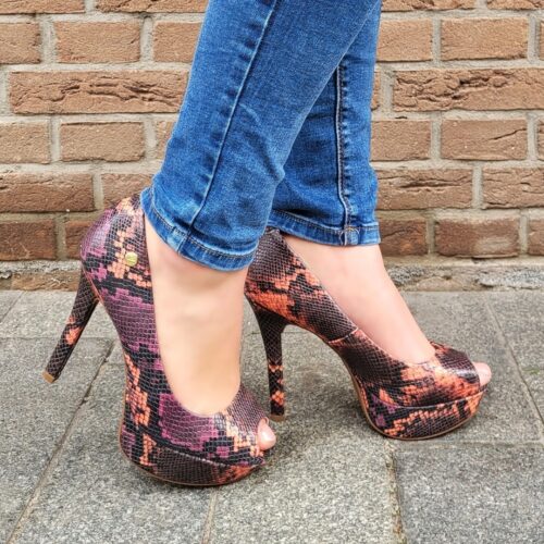 Slangenprint pumps met hoge hak | Peeptoe pumps in snakeprint