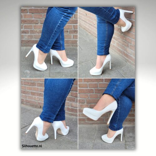 Witte pumps met ronde neus en hoge naaldhak | Witte plateaupumps met ronde neus