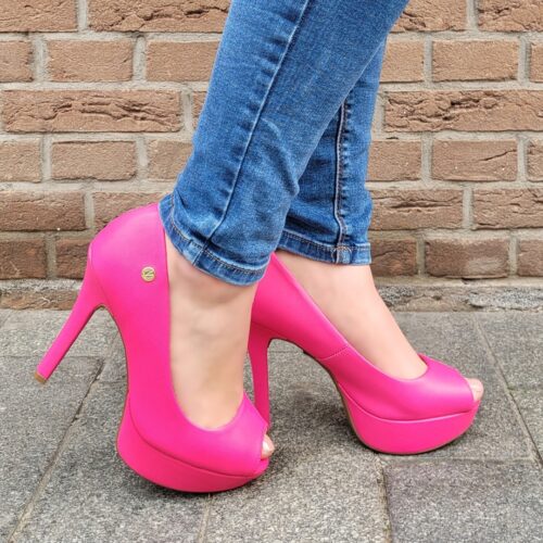 Fuchsia roze pumps met hoge hak en open teen | Matte roze pumps met plateau en hoge hak