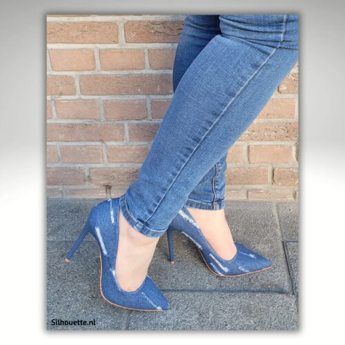 Blauwe spijkerstof pumps met hoge hakken | Blauwe jeans pumps met naaldhak