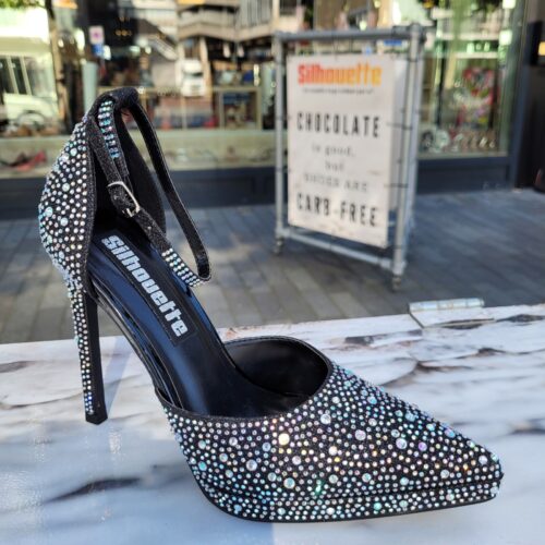 Zwarte hakken met steentjes en bandje | Zwarte hoge pumps met steentjes