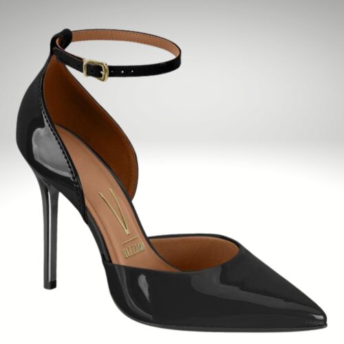 Zwarte hoge stiletto hakken met enkelbandje in lak | Stiletto hakken met enkelbandje in zwart lak