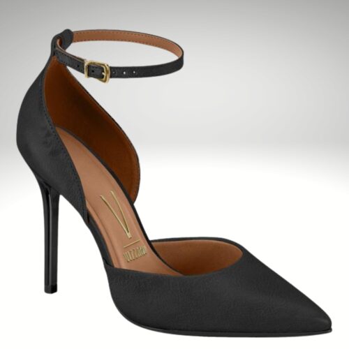 Zwarte hoge stiletto hakken met enkelbandje | Stiletto hakken met enkelbandje in zwart leatherlook