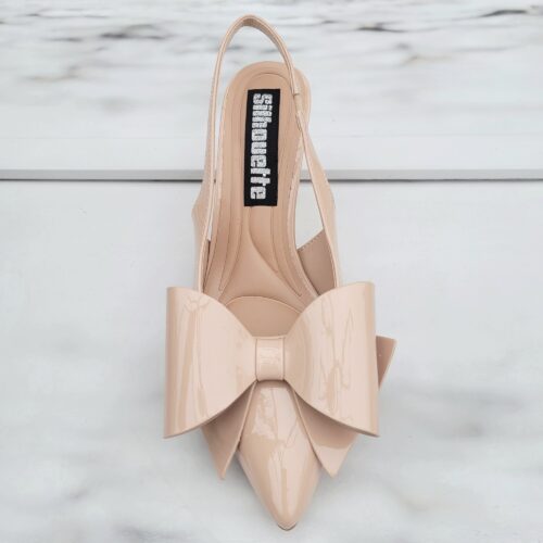 Nudekleurige pumps met open hiel en strik | Silhouette
