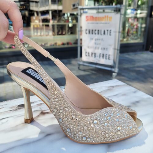 Slingbacks met steentjes in goud met hoge hakken