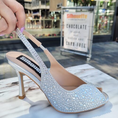 Glitterhakken met open hiel en naaldhak in zilver
