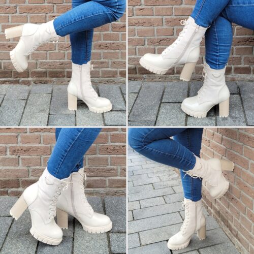 Creme veterboots met stevige hak - Off white enkellaarzen met veters en blokhak