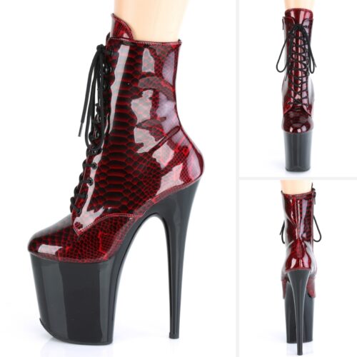 Pleaser 8 inch enkelboots met rode snakeprint | Pleaser Flamingo boots met snakeprint