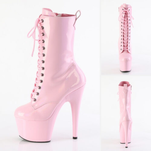 Roze Pleaser laarsjes met holografisch effect | Lichtroze Pleaser enkelboots