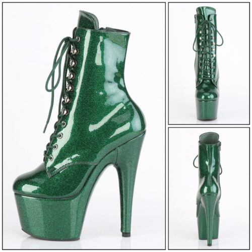 Groene glitterlaarzen met hoge hak | Groene laarsjes met glitters en plateau