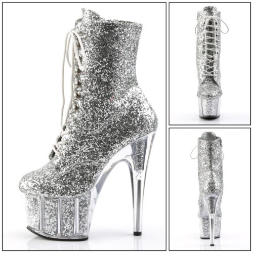 Zilveren Pleaser glitterlaarzen met hoge hak | Zilveren plateau enkellaarzen met glitters