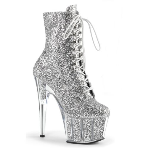 Zilveren Pleaser glitterlaarzen met hoge hak | Zilveren plateau enkellaarzen met glitters