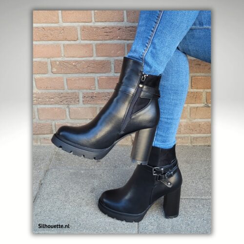 Zwarte bikerboots met blokhak en siergesp | Zwarte enkellaarsjes met blokhakken