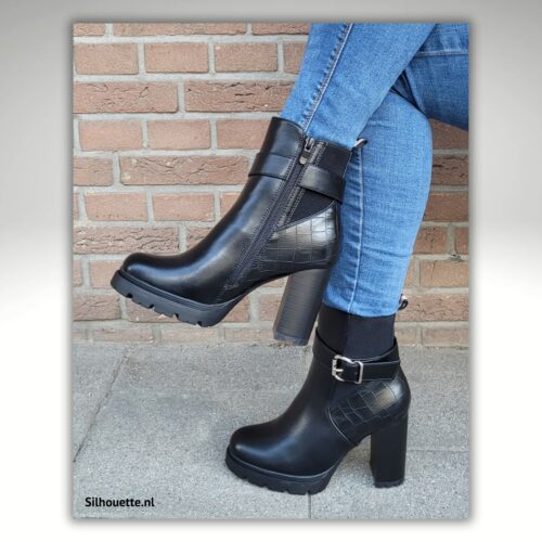 Zwarte enkellaarzen met dikke hak en extra elastiek | Zwarte korte laarzen met dikke hak