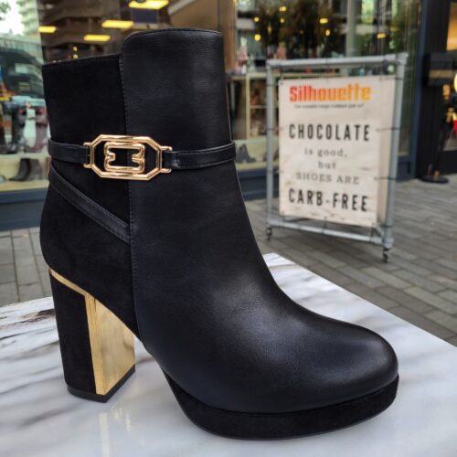 Zwarte enkellaarzen met stevige hak | Zwarte enkellaarzen met blokhak en gouden details