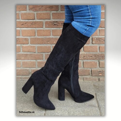 Zwarte puntige laarzen met brede hak | Zwarte knielaarzen met puntneus en brede hak