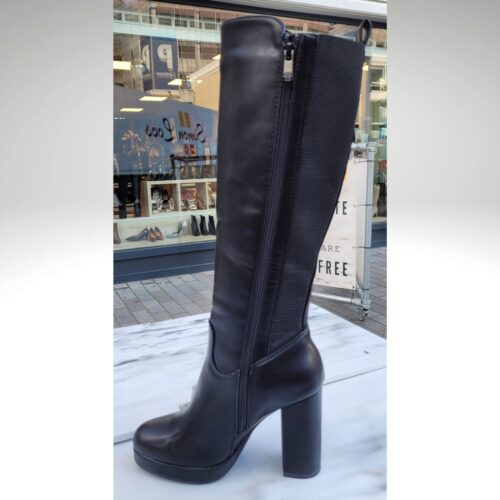 Zwarte laarzen met hoge blokhak en elastiek | Zwarte leerlook laarzen met hak en elastiek