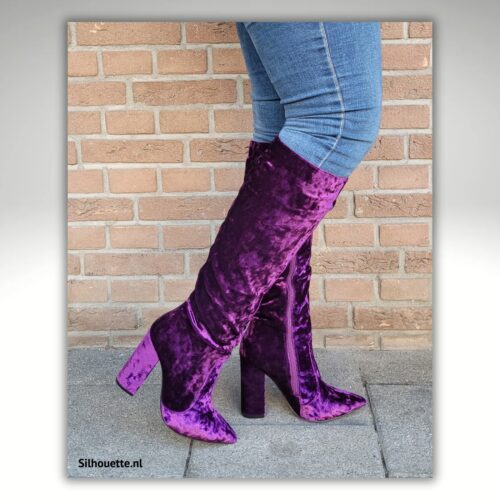 Paarse velours laars met blokhak | Paarse velvet laarzen met blokhak