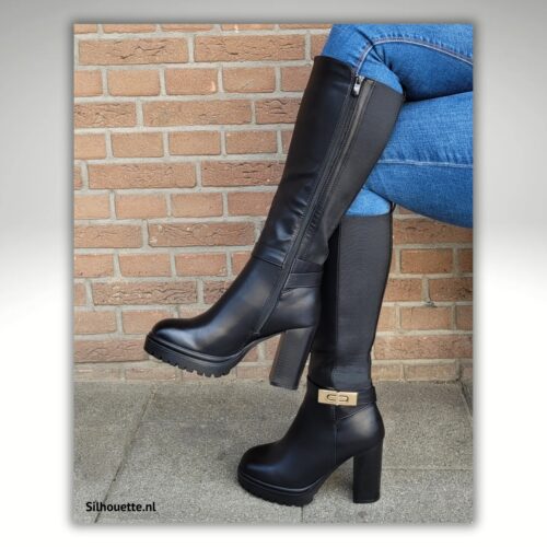 Zwarte laarzen met blokhak en elastiek | Zwarte laarzen met veel elastiek en stevige hak