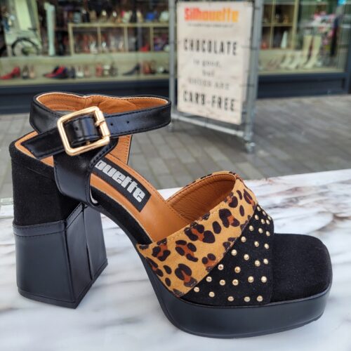 Panter sandalen met hoge blokhak | Zwarte hoge sandalen met panterprint