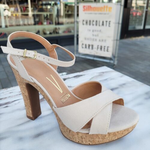Crème sandalen met hak en kurkzool | Sandalen met kurkzool en hak in beige
