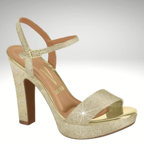 Gouden glittersandalen met hoge brede hak | Gouden sandalen met glitters