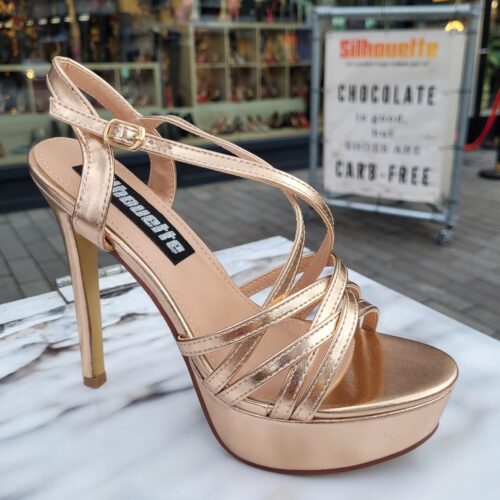 Rosé gouden pageant heels | Champagnekleurige hakken miss verkiezing | Rosé gouden plateauhak met bandjes