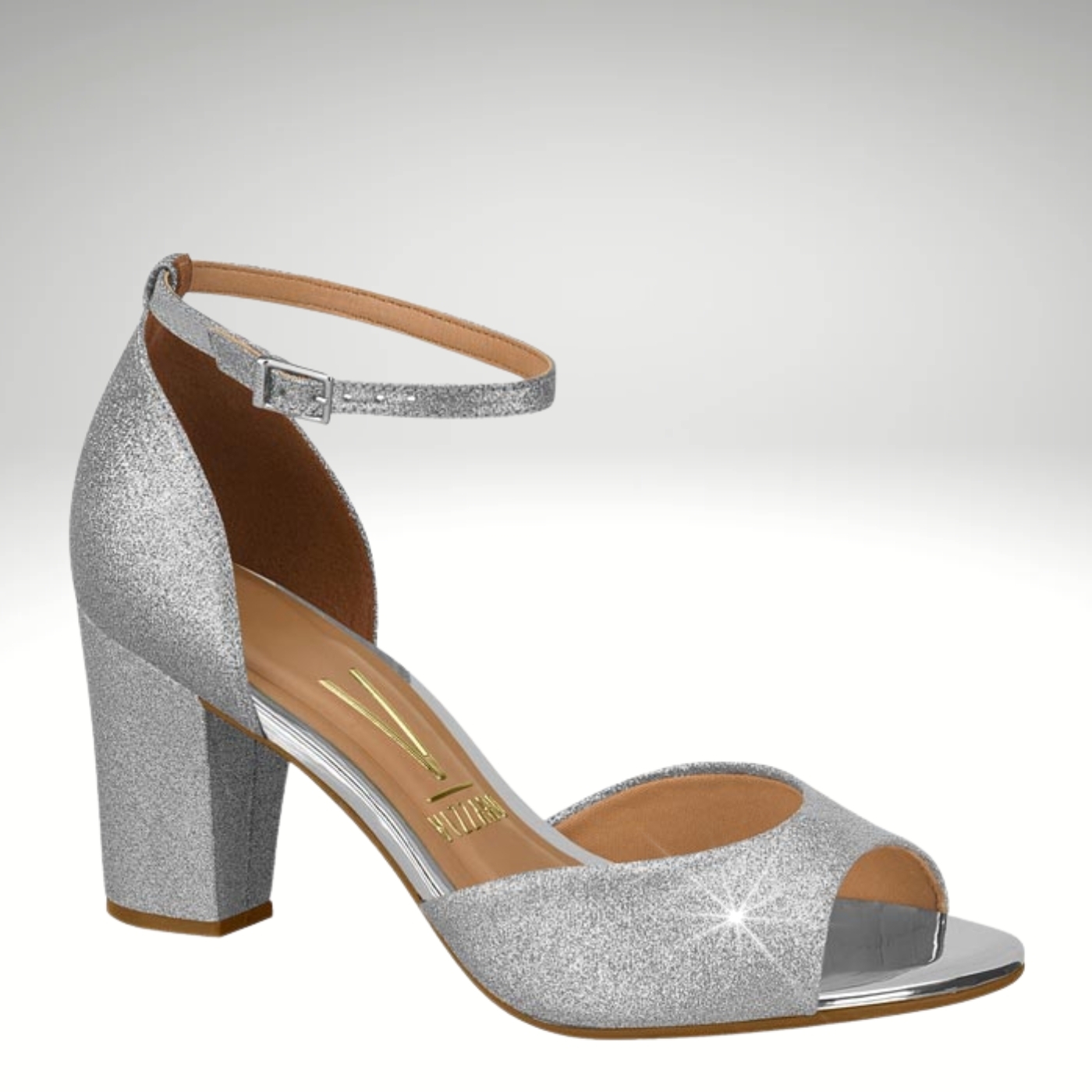 Glittersandaal met blokhak in zilver | Zilveren sandaal met dichte hiel en glitters