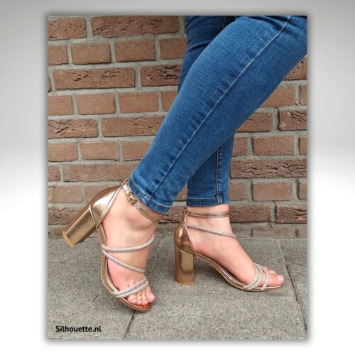 Rose gouden lage blokhak sandalen met strass