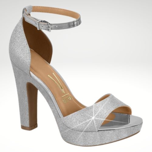 Zilveren glittersandalen met hoge brede hak | Zilverkleurige glitterhakken