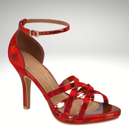 Rode salsa hakken met bandjes | Rode metallic hakken met veel bandjes