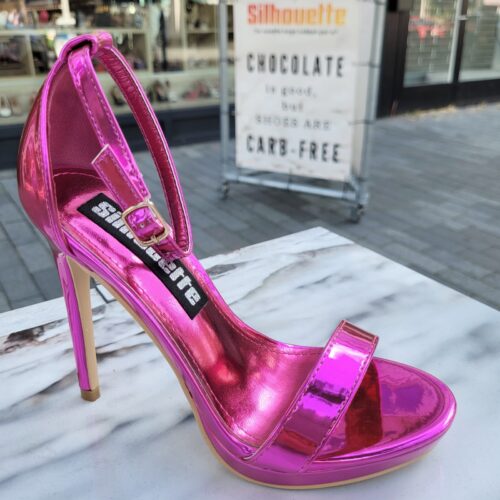 Shiny fuchsia roze sandalen met hoge hakken | Metallic roze sandalen met hoge naaldhak