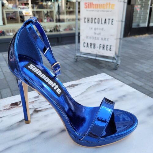 Shiny kobaltblauwe sandalen met hoge hakken | Metallic blauwe sandalen met hoge naaldhak